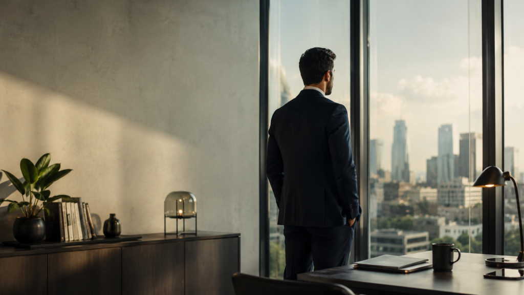 Business owner reflecting alone in a quiet office