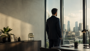 Business owner reflecting alone in a quiet office